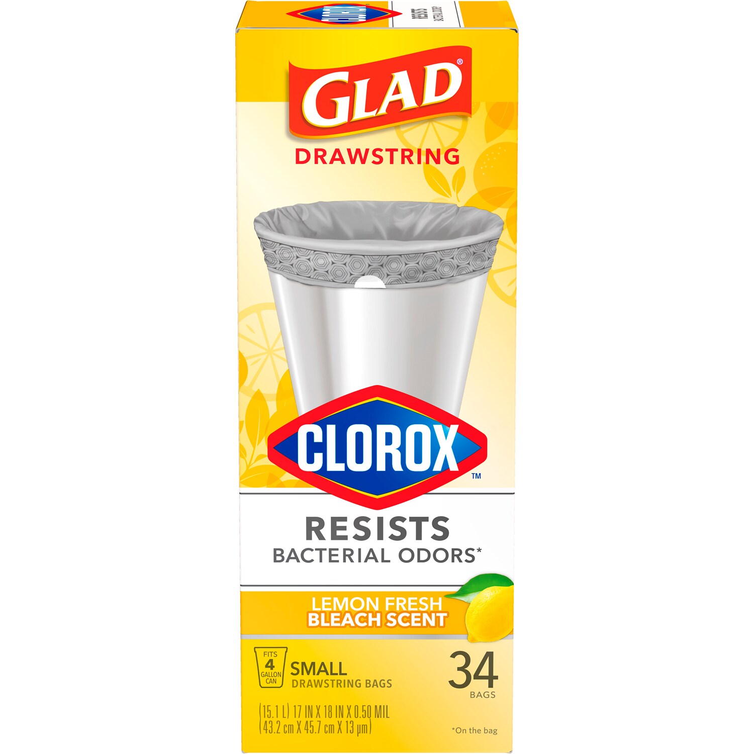 Glad Small Drawstring Trash Bags with Clorox, Lemon Fresh Bleach Scent, 4 Gallon