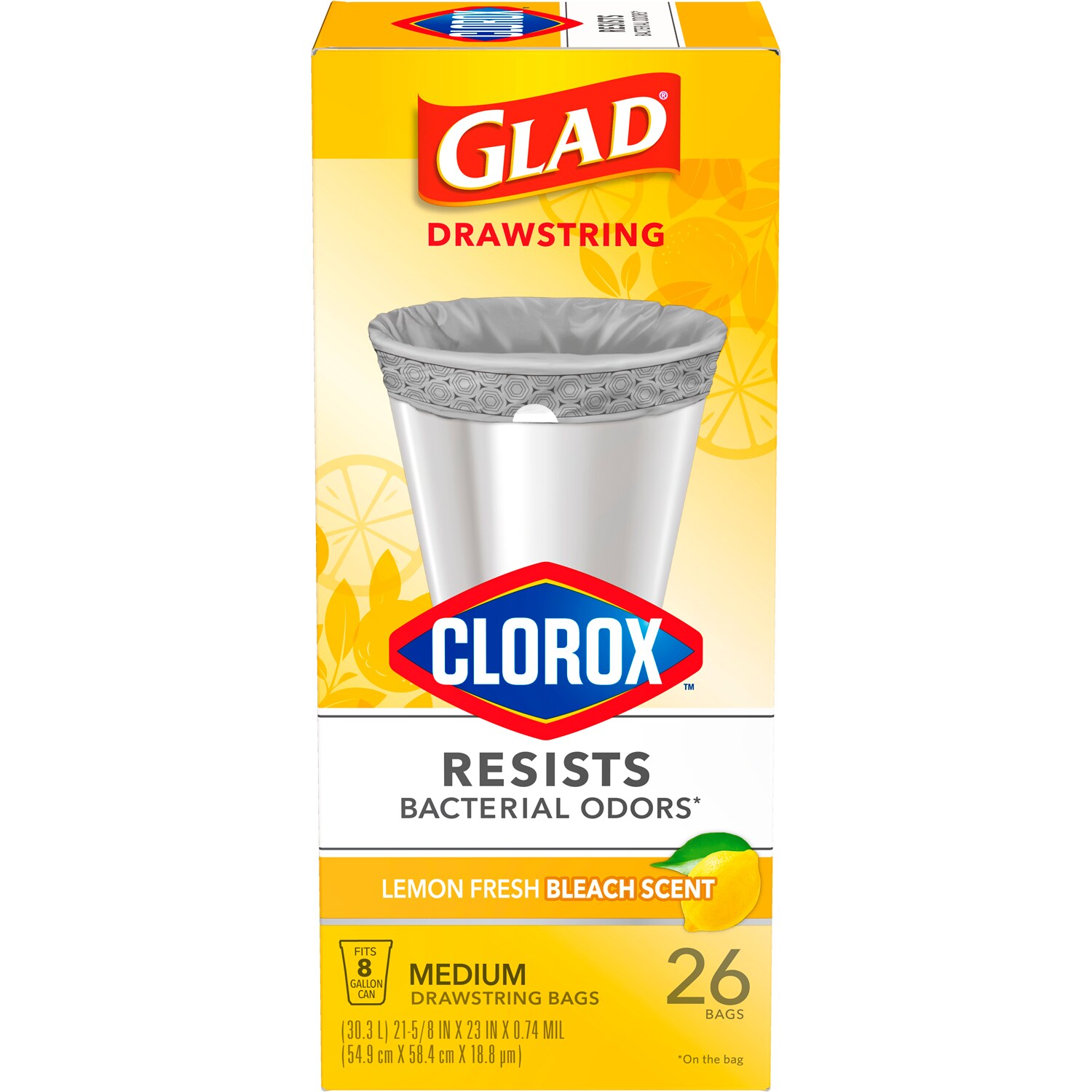 Glad Medium Drawstring Trash Bags with Clorox, Lemon Fresh Bleach Scent, 8 Gallon
