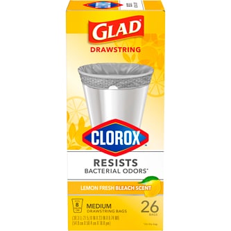 Glad Medium Drawstring Trash Bags with Clorox, Lemon Fresh Bleach Scent, 8 Gallon