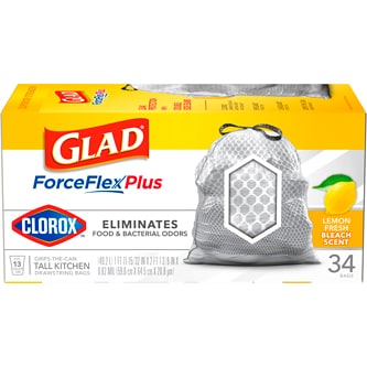 Glad ForceFlex Plus Tall Kitchen Drawstring Trash Bags with Clorox, Lemon Fresh Bleach Scent, 13 Gallon