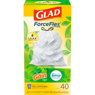 Glad ForceFlex Tall Kitchen Drawstring Trash Bags Gain Original with Febreze Freshness, 13 Gallon