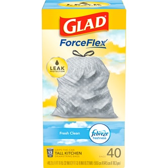Glad ForceFlex Tall Kitchen Drawstring Trash Bags Fresh Clean with Febreze Freshness, 13 Gallon