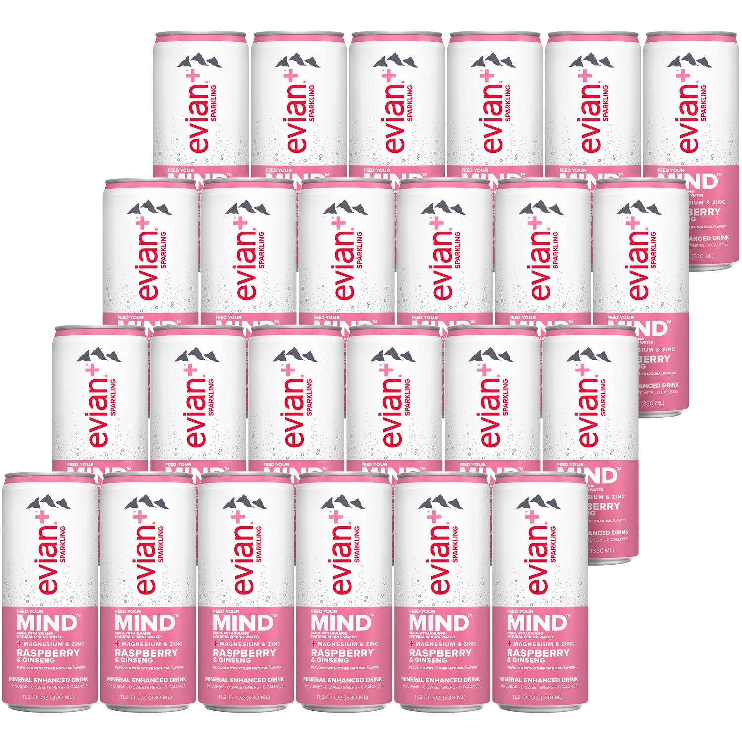 Evian Mineral Enhanced Sparkling Drink, Raspberry & Ginseng, Cans