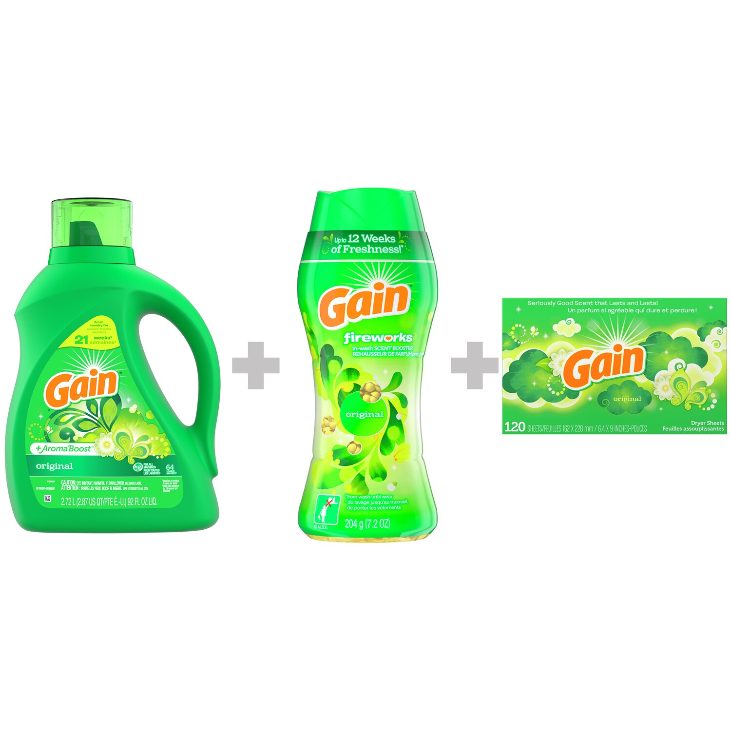 Save a Bundle with Choice of Gain Liquid Laundry Detergent 92oz, Gain Fireworks Scent Booster 7.2oz and Gain Dryer Sheets 120ct
