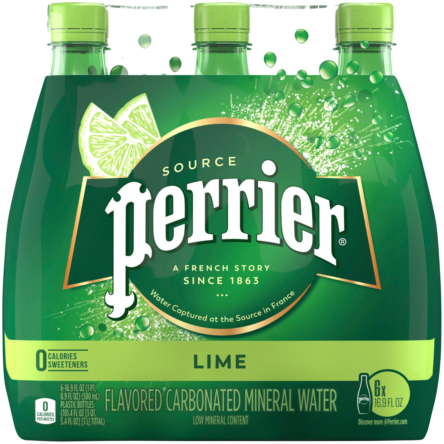 Perrier Sparkling Natural Mineral Water, Lime, Plastic Bottles