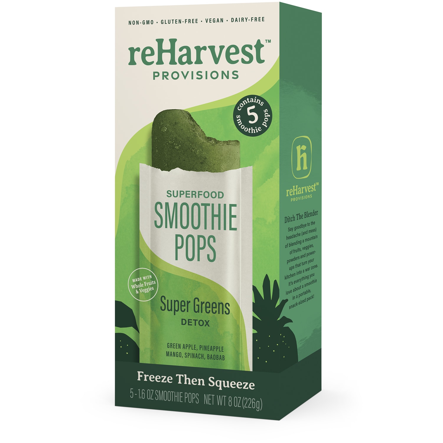 reHarvest Ready to Freeze Superfood Smoothie Pops, Super Greens Detox