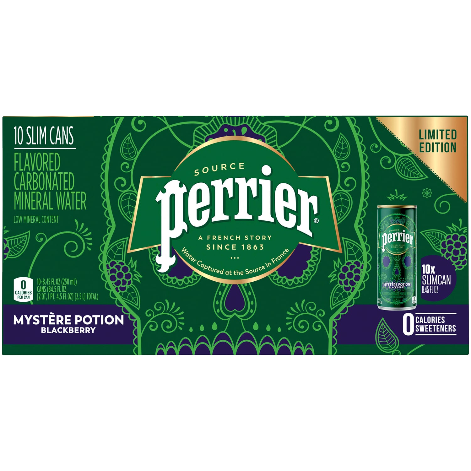 Perrier Sparkling Natural Mineral Water, Blackberry, Cans