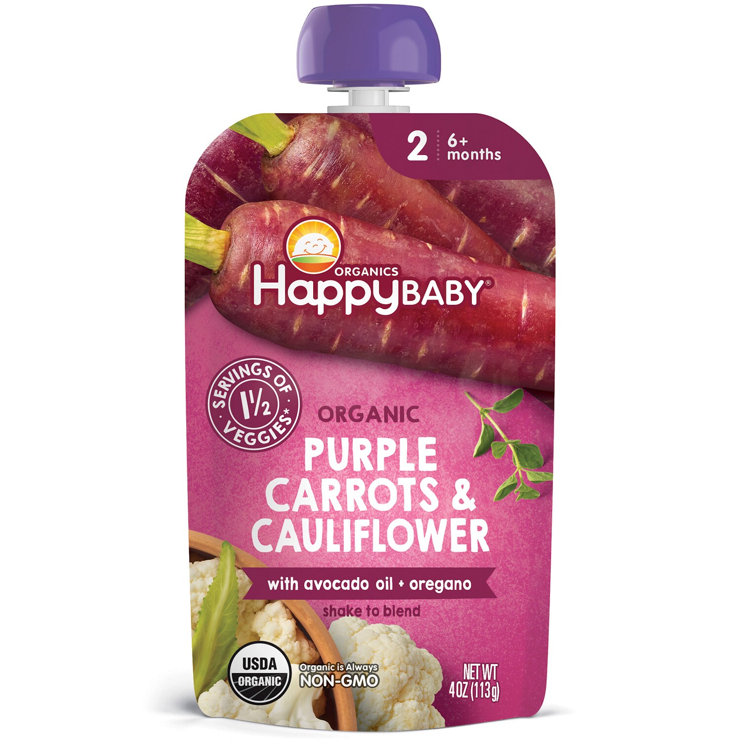 Happy Family Happy Baby Stage 2 Organic Baby Food, Purple Carrots & Cauliflower with Avocado Oil + Oregano