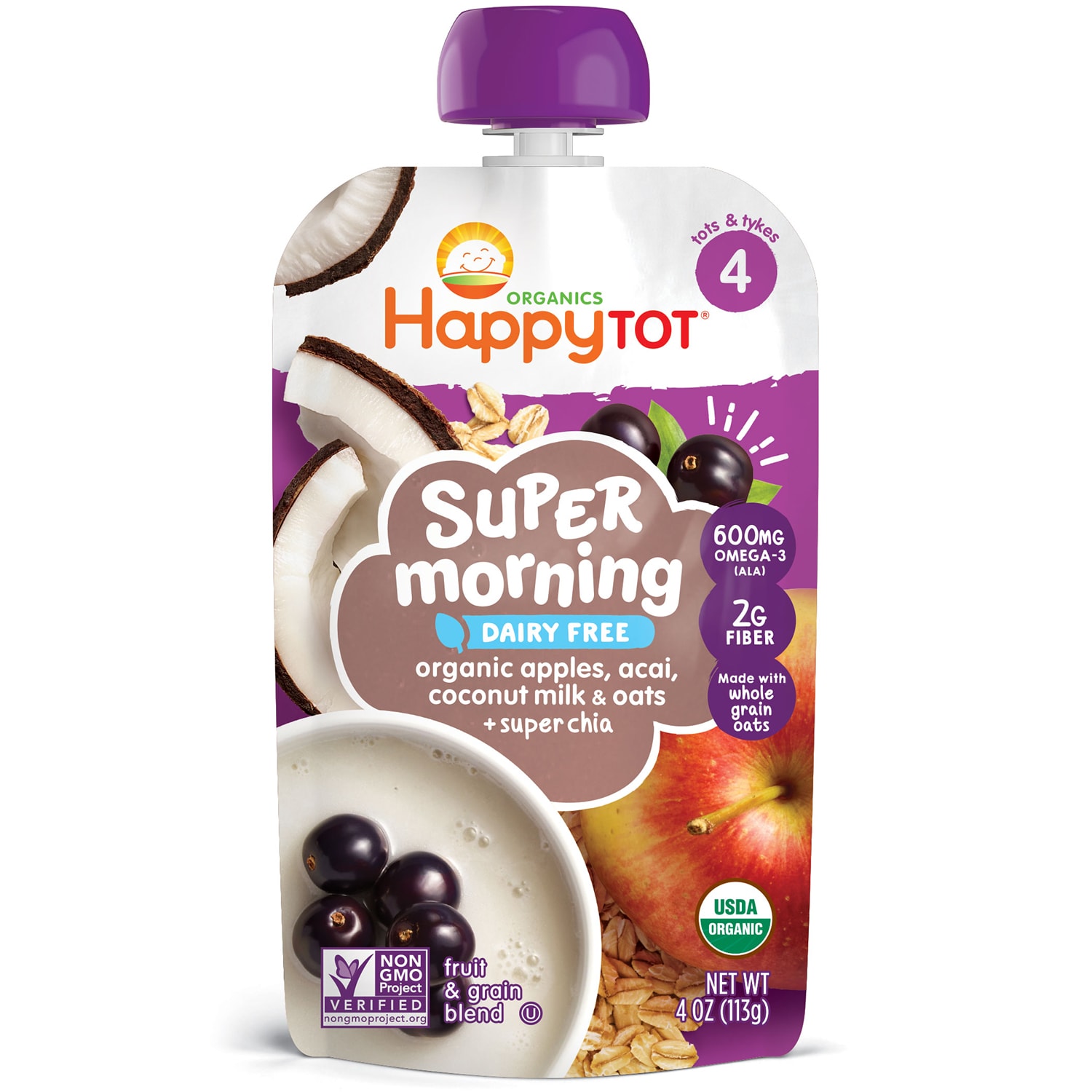 Happy Family Happy Tot Dairy Free Super Morning Blend, Organic Apples, Acai, Coconut Milk & Oats + Super Chia