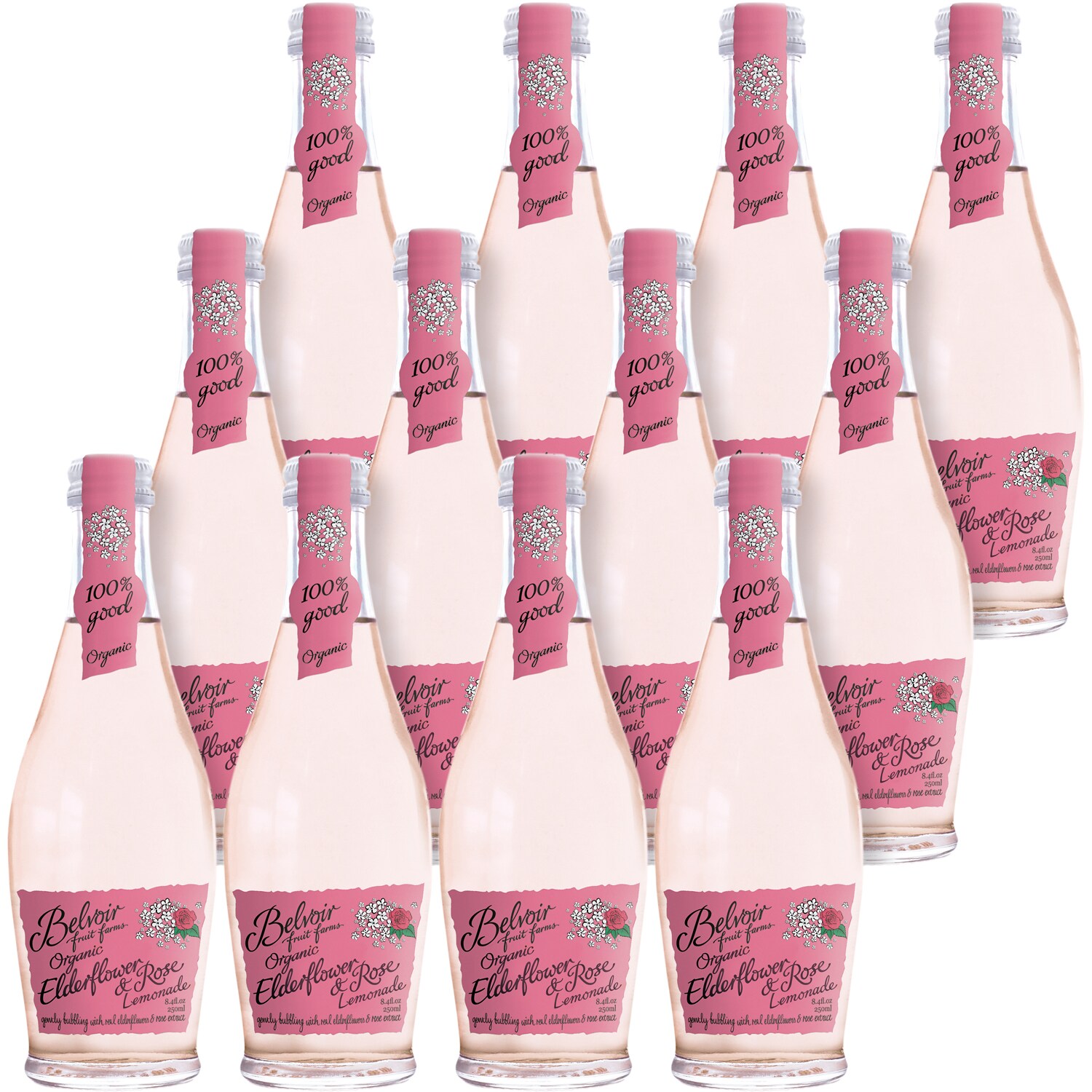 Belvoir Fruit Farms Organic Elderflower and Rose Lemonade, Glass Bottles