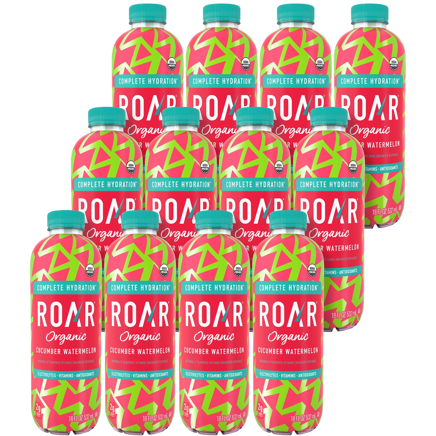 ROAR Organic Vitamin Enhanced Beverage, Cucumber Watermelon, Plastic Bottles