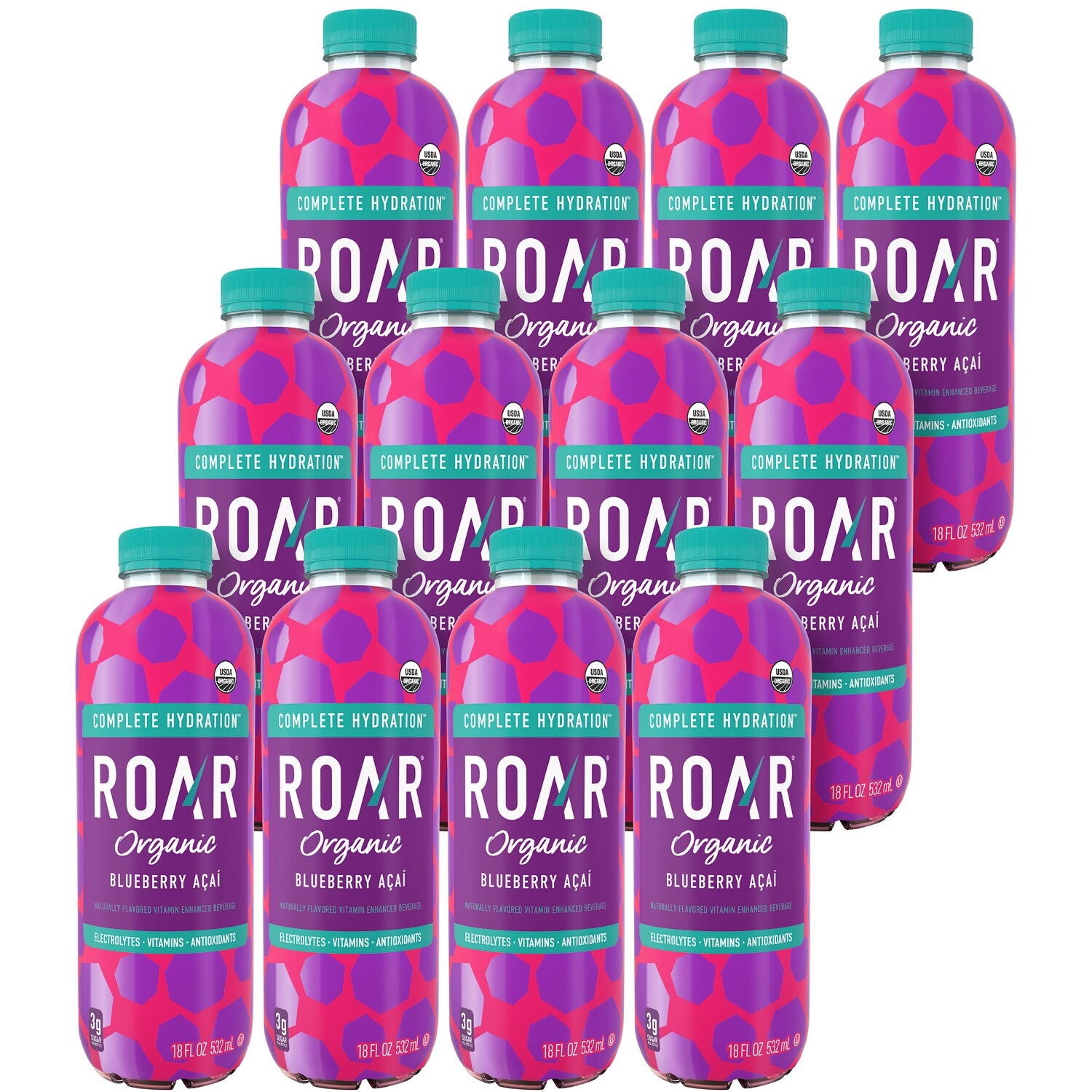 ROAR Organic Vitamin Enhanced Beverage, Blueberry Açai, Plastic Bottles
