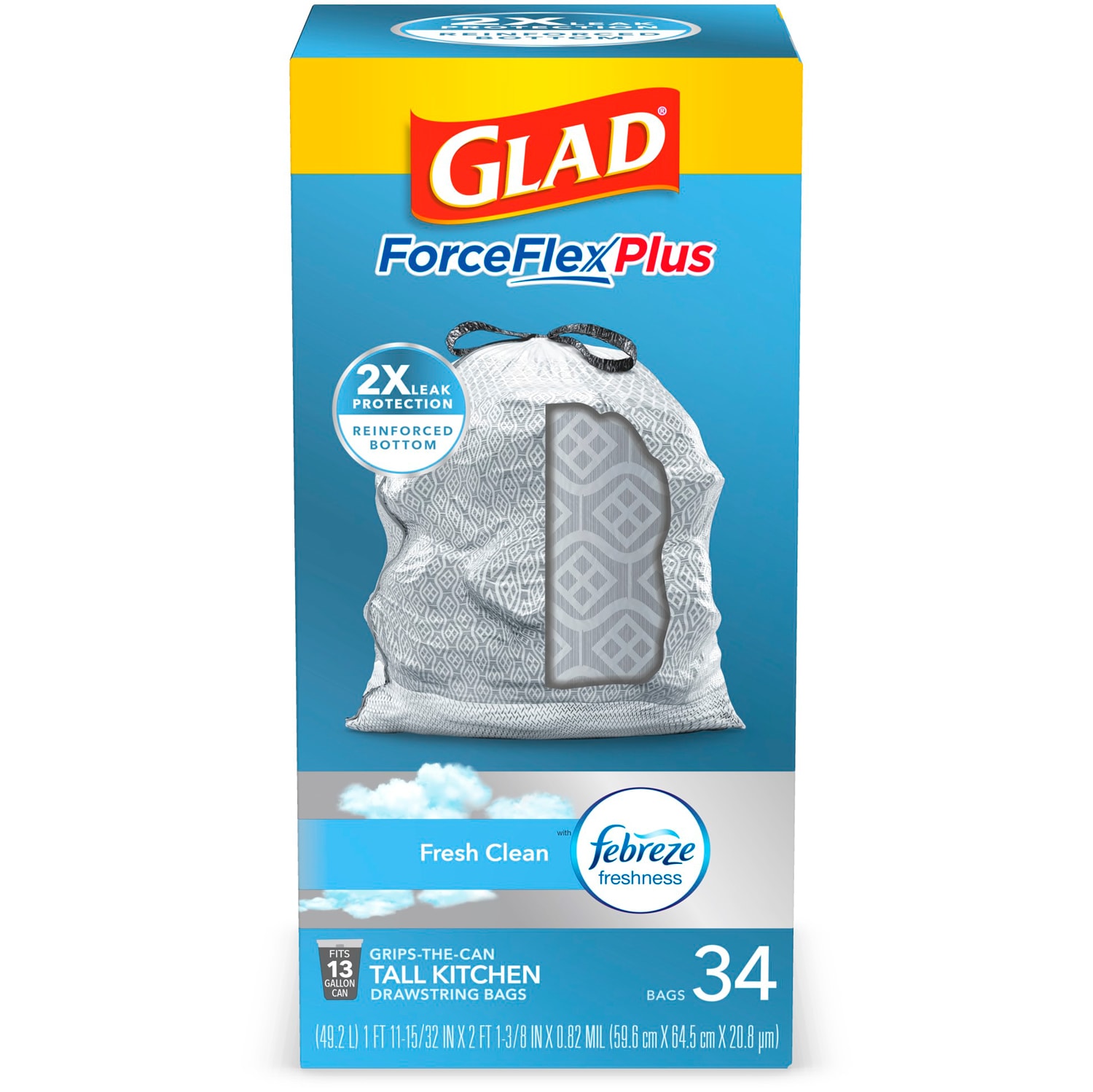 Glad ForceFlex MaxStrength Tall Kitchen Drawstring Trash Bags, Febreze Fresh Clean Scent, 13 Gallon