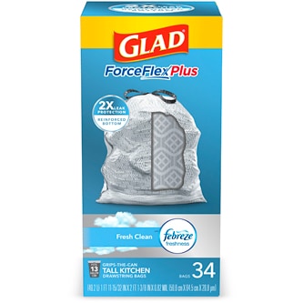Glad ForceFlex MaxStrength Tall Kitchen Drawstring Trash Bags, Febreze Fresh Clean Scent, 13 Gallon