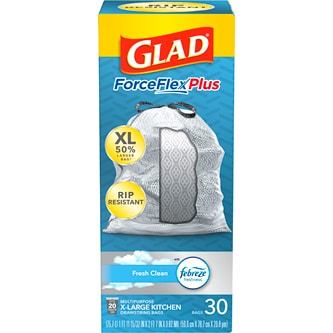 Glad ForceFlexPlus X-Large Kitchen Drawstring Trash Bags, Febreze Fresh Clean, 20 Gallon
