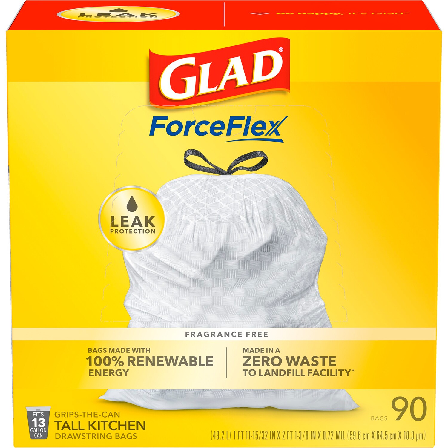 Glad ForceFlex Tall Kitchen Drawstring Trash Bags, 13 Gallon