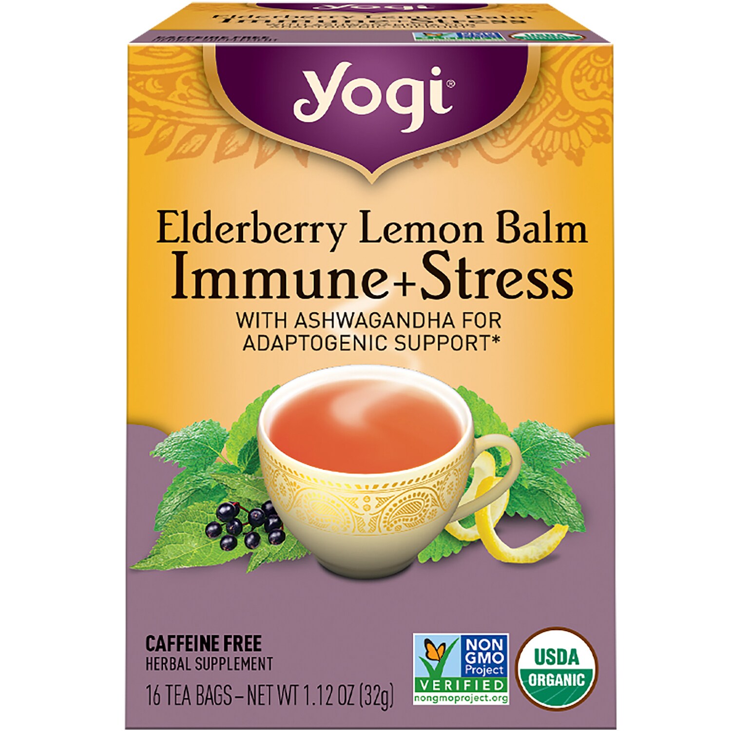 Yogi Tea Immune + Stress Tea, Elderberry Lemon Balm 
