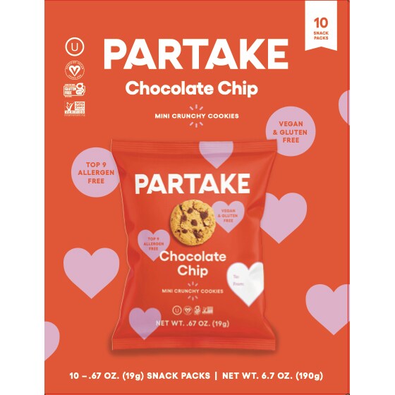 Partake Vegan & Gluten Free Valentine Crunchy Mini Cookies Snack Packs, Chocolate Chip