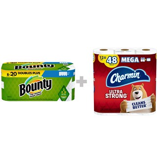 Save a Bundle with Bounty Paper Towels, 8 Double Rolls, and Charmin Ultra Strong Bathroom Tissue, 12 Mega Rolls
