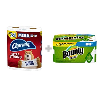 Save a Bundle with Bounty Paper Towels, 12 Doubles and Choice of Charmin Bathroom Tissue, 6 Mega Rolls