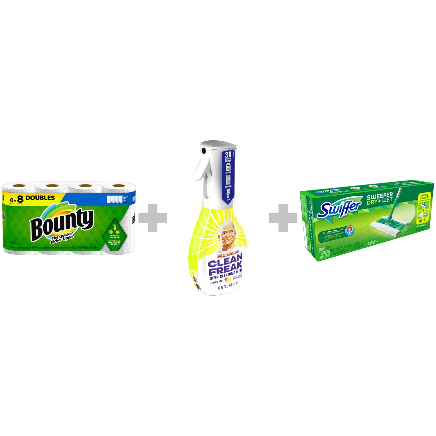 Save a Bundle with Bounty Paper Towels, 4 Doubles, Choice of Mr. Clean Clean Freak Deep Cleaning Mist, 16oz and Swiffer Sweeper Floor Mop Starter Kit