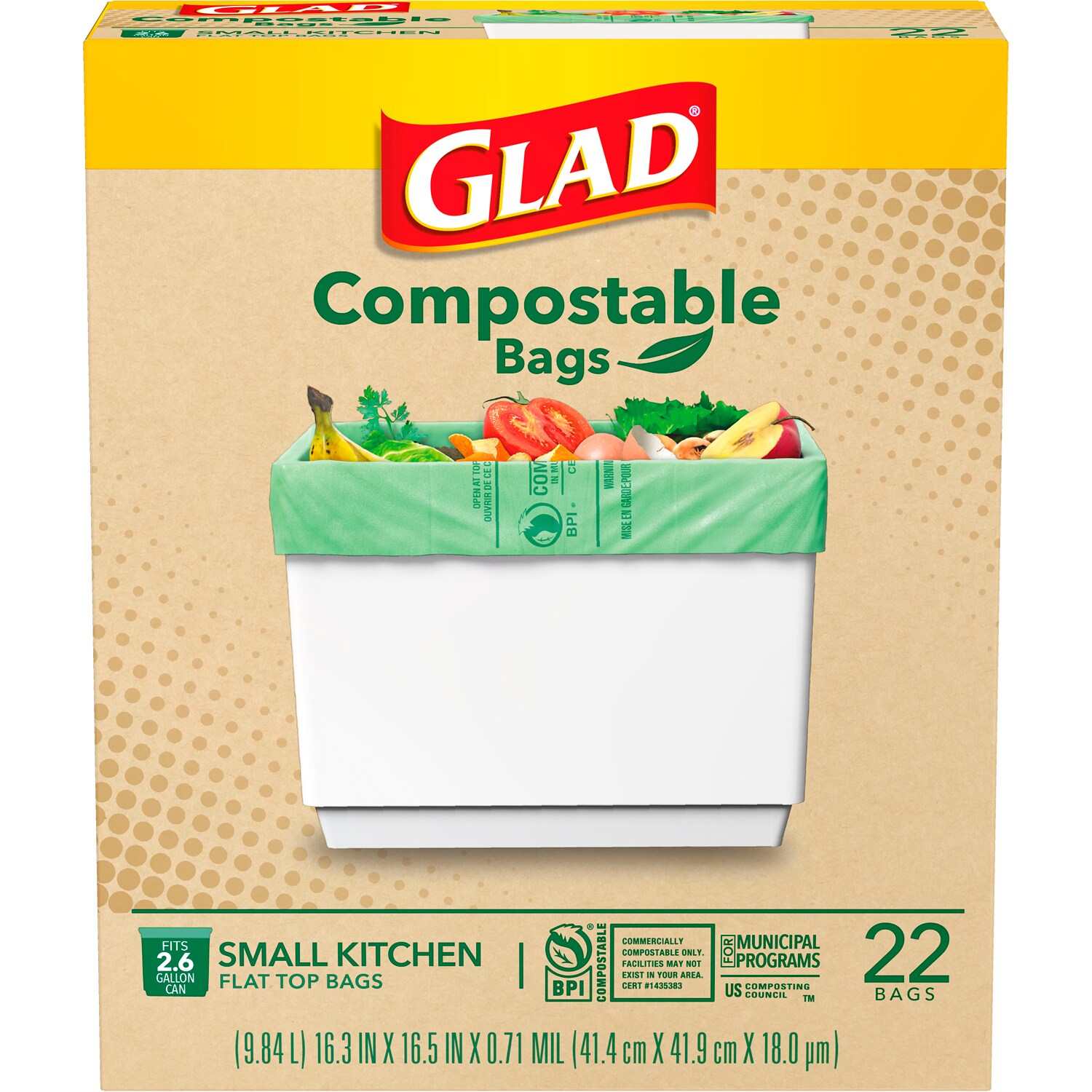 Glad Compostable Small Kitchen Trash Bags, 2.6 Gallon