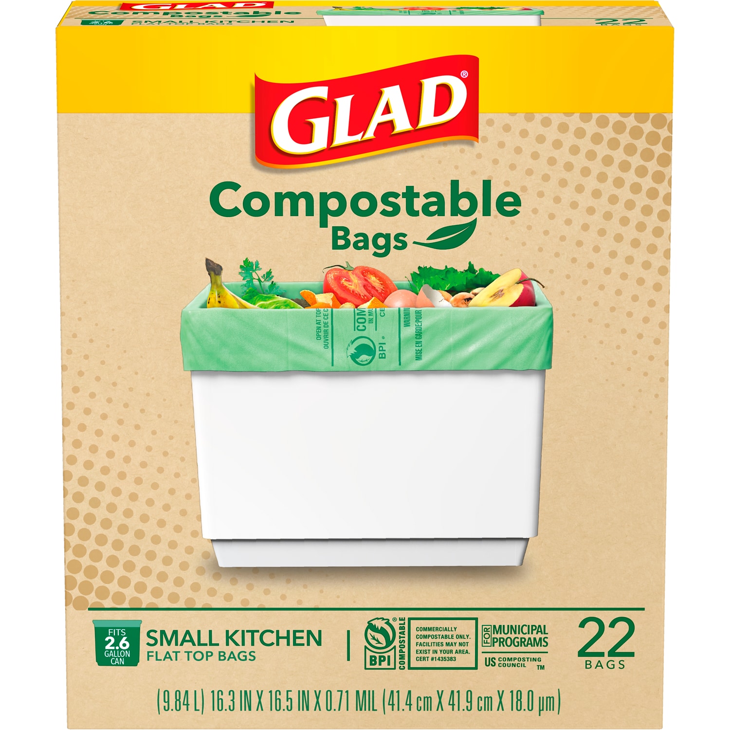 Glad Compostable Small Kitchen Trash Bags, 2.6 Gallon