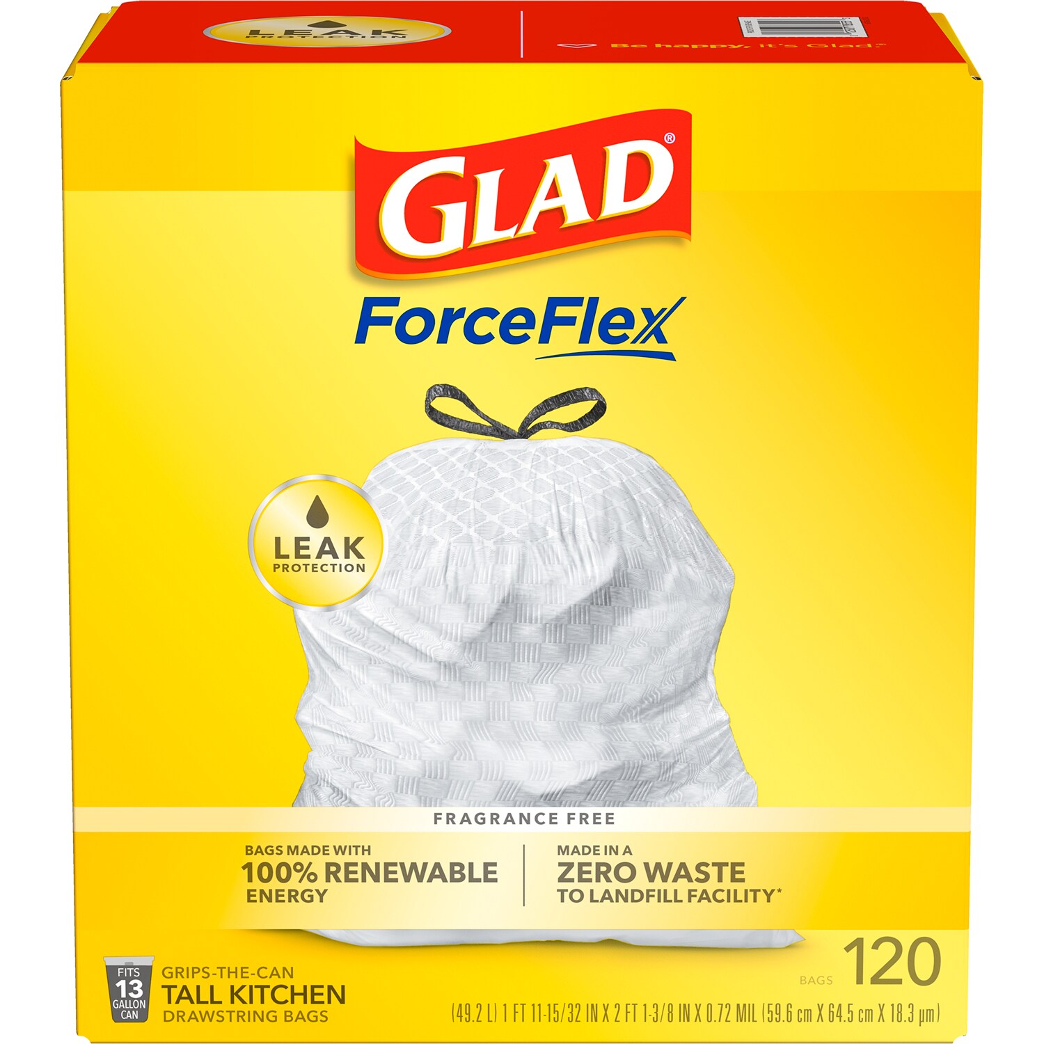 Glad ForceFlex Plus Tall Kitchen Drawstring Trash Bags, 13 Gallon