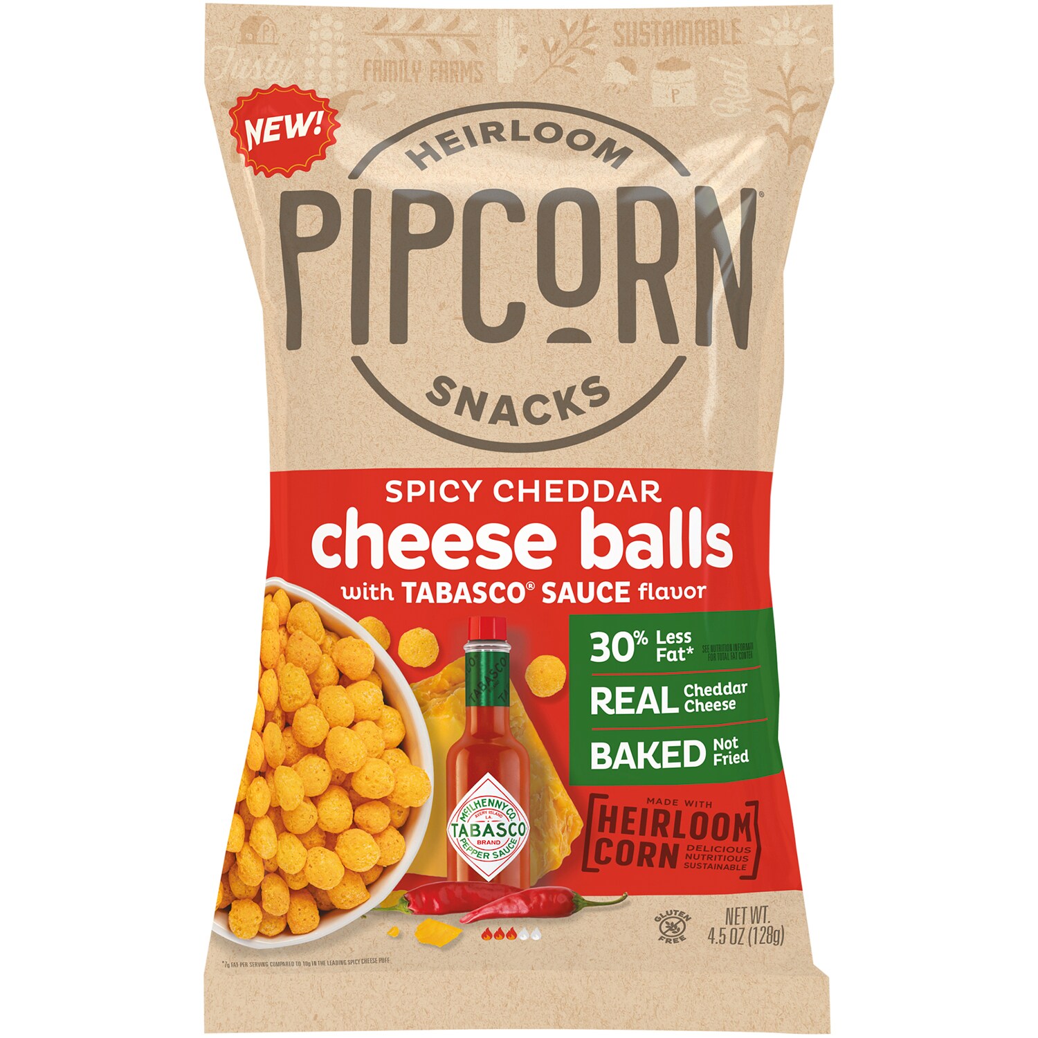 Pipcorn Cheese Balls, Spicy Cheddar with Tabasco Sauce Flavor