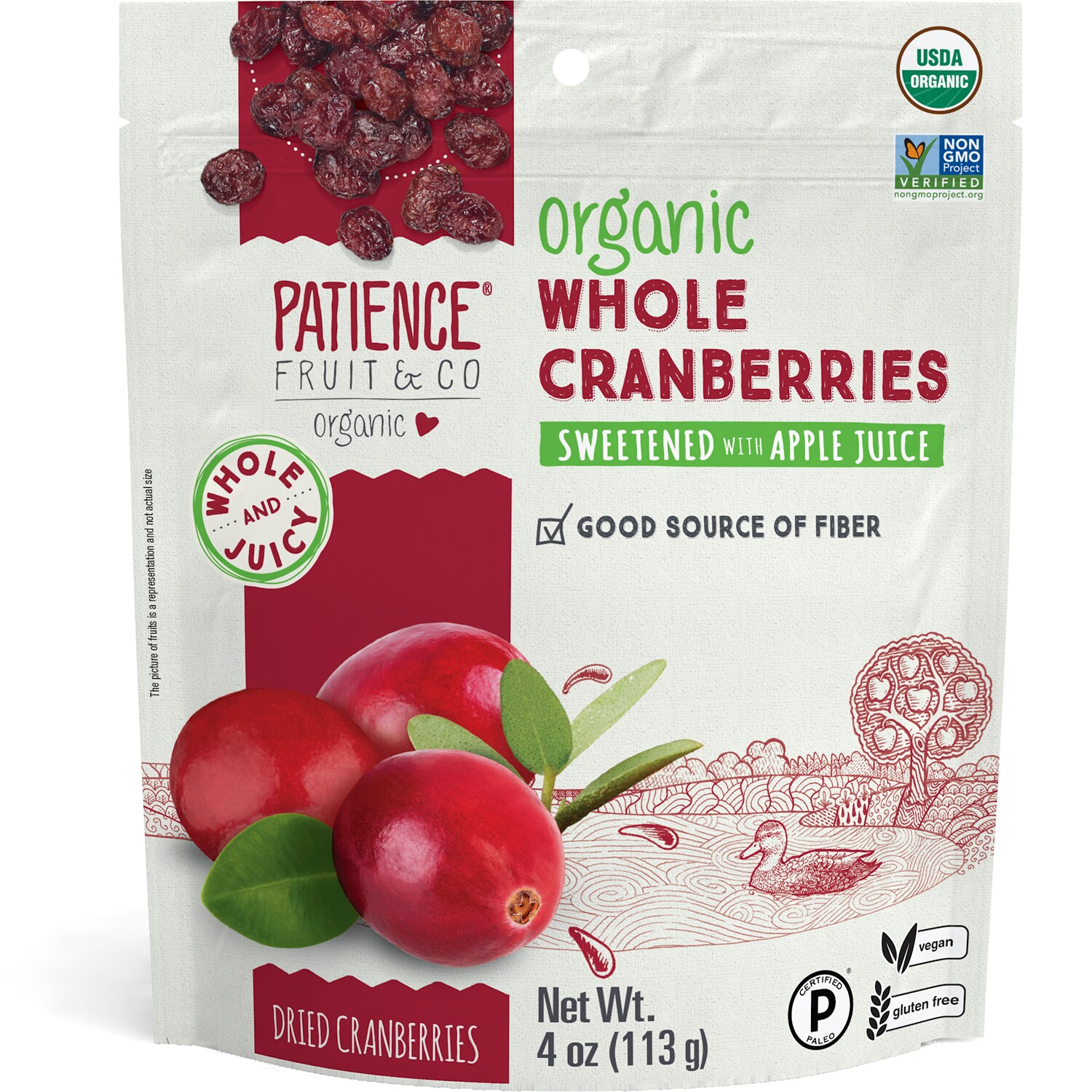 Patience Organic Dried Whole Cranberries, Sweetened with Apple Juice 