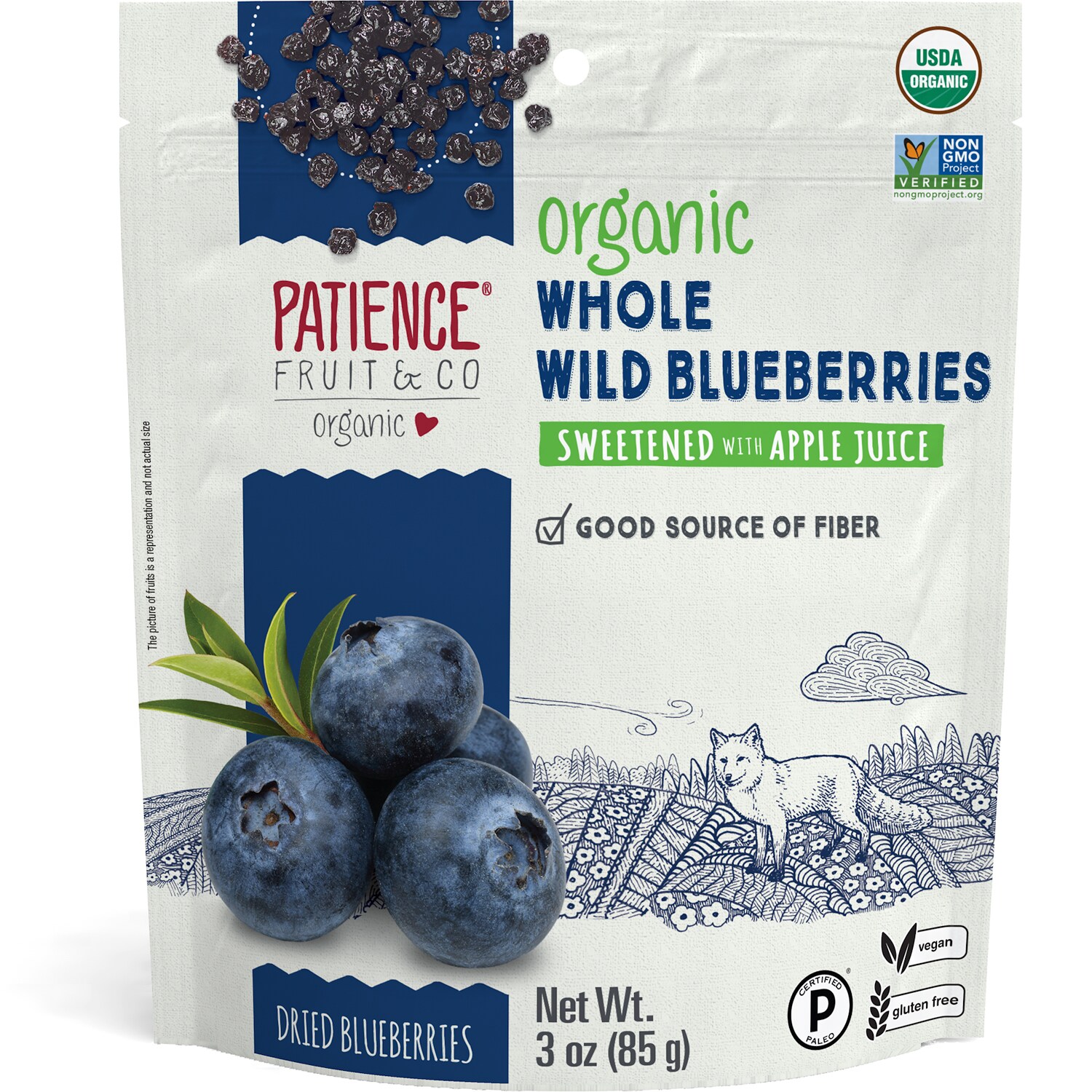 Patience Organic Dried Whole Wild Blueberries, Sweetened with Apple Juice 