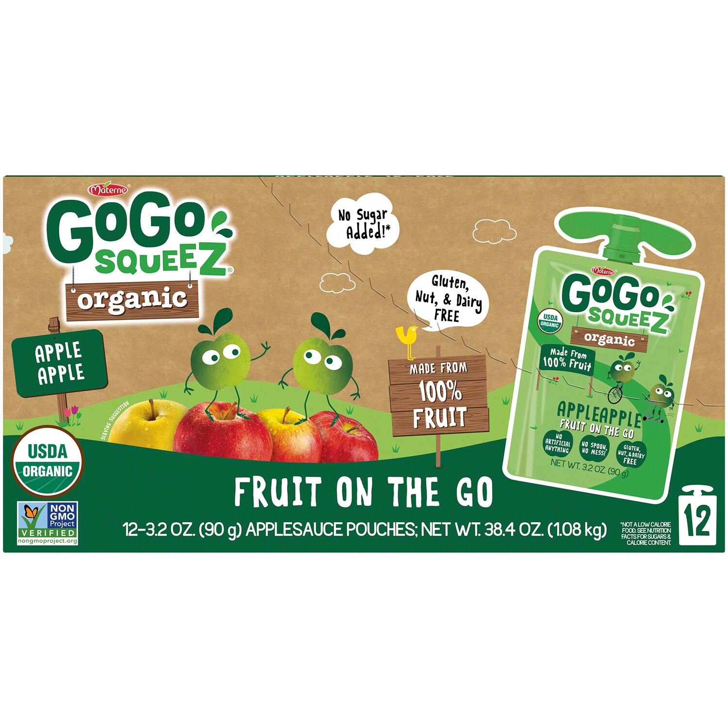 GoGo SqueeZ No Sugar Added Organic Applesauce & Fruit Puree, Apple Apple