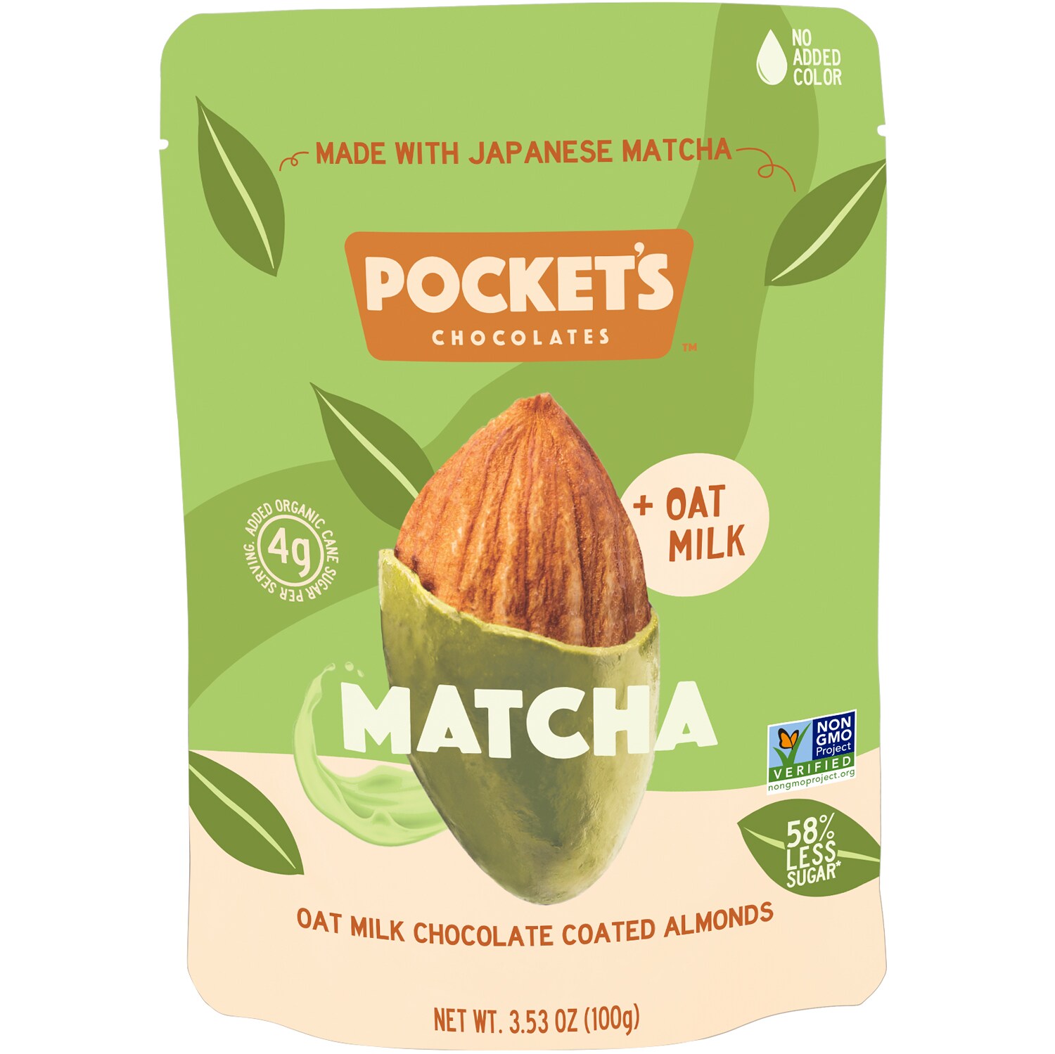 Pocket's Chocolates Oat Milk Chocolate Coated Almonds, Matcha