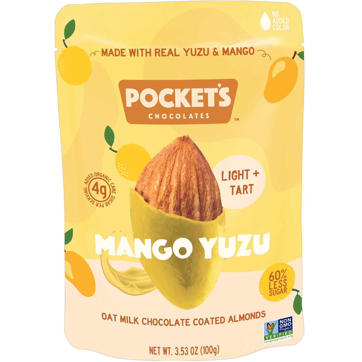 Pocket's Chocolates Oat Milk Chocolate Coated Almonds, Mango Yuzu