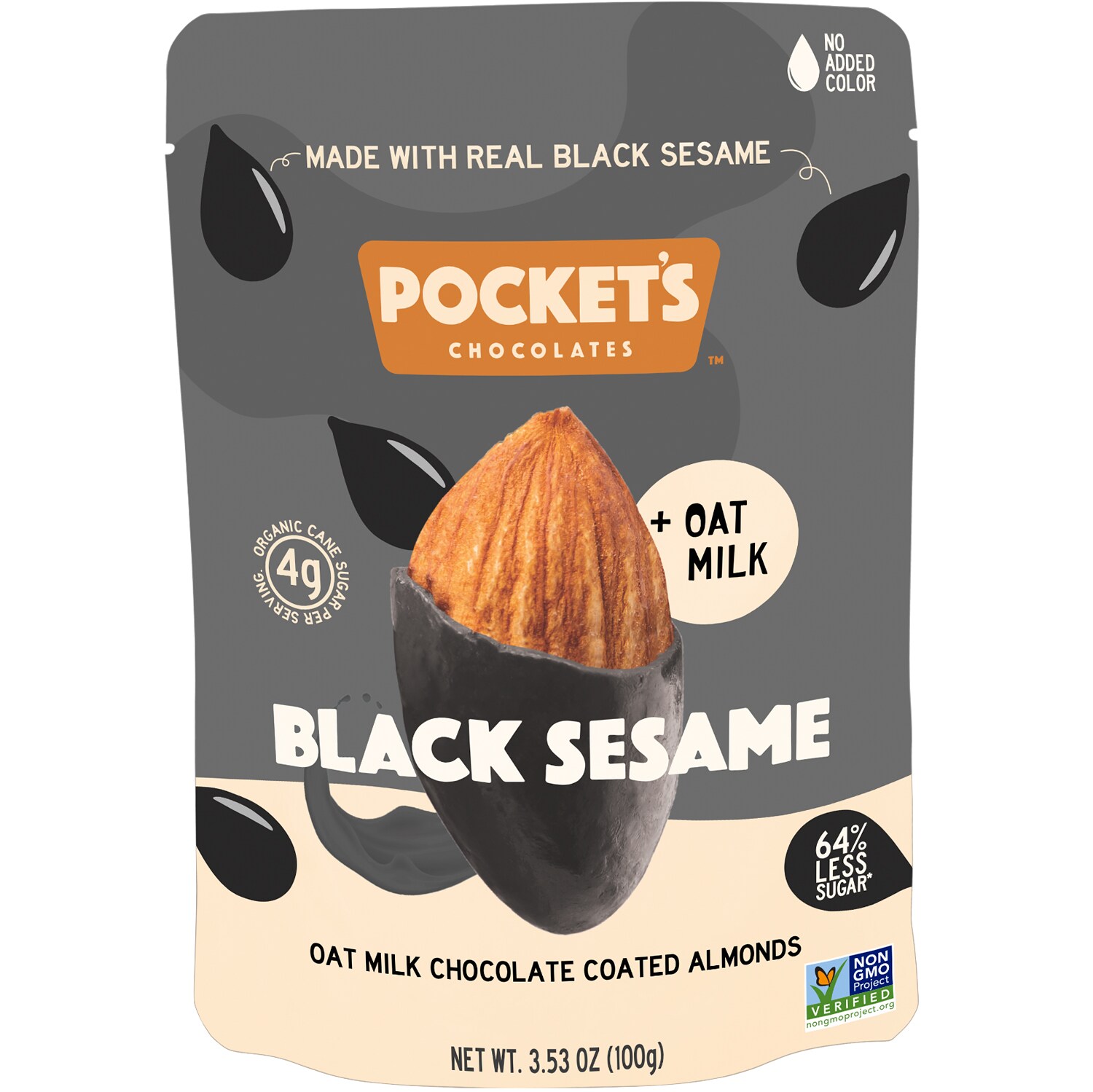 Pocket's Chocolates Oat Milk Chocolate Coated Almonds, Black Sesame