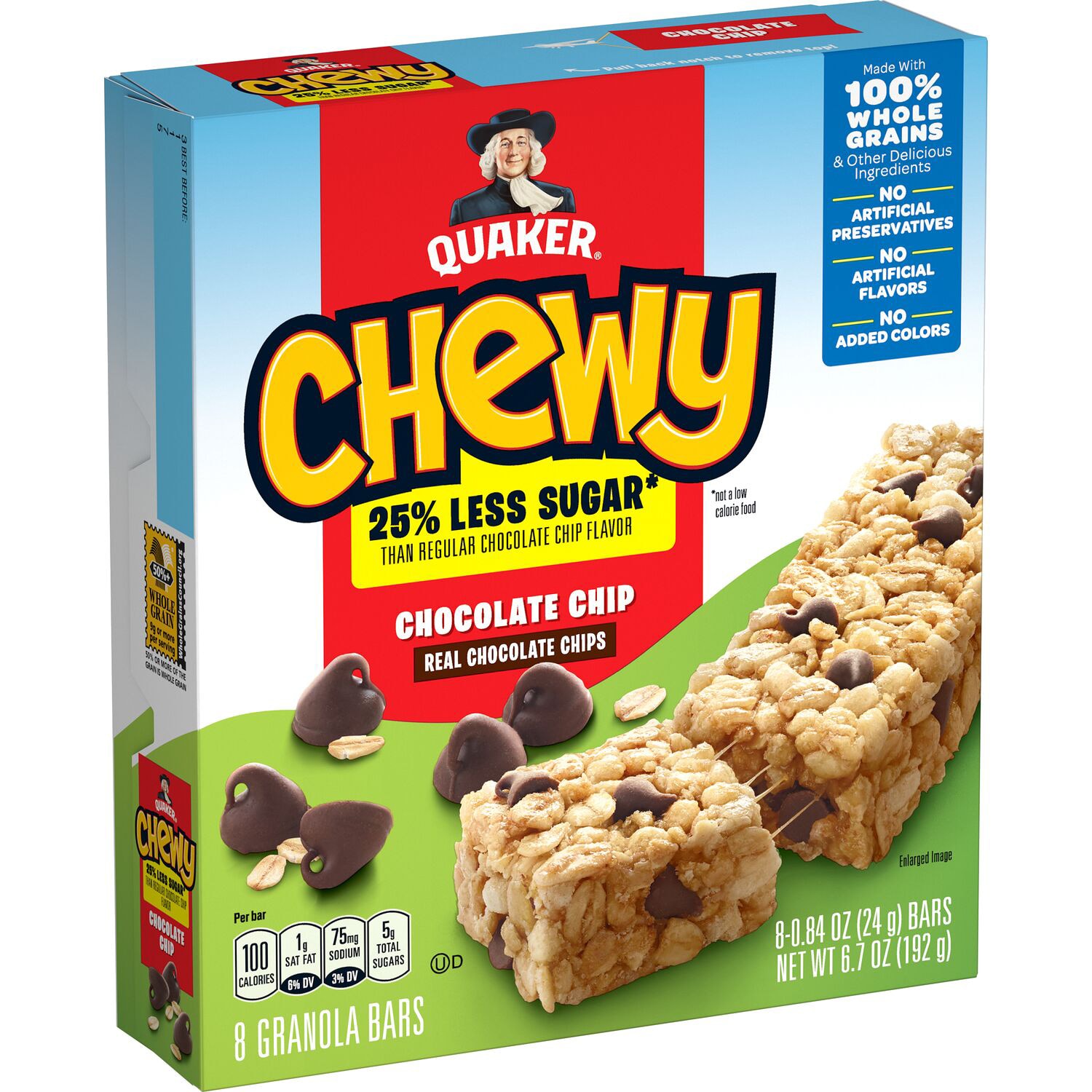 Quaker 25% Less Sugar Chewy Granola Bars, Chocolate Chip