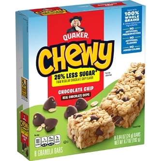 Quaker 25% Less Sugar Chewy Granola Bars, Chocolate Chip