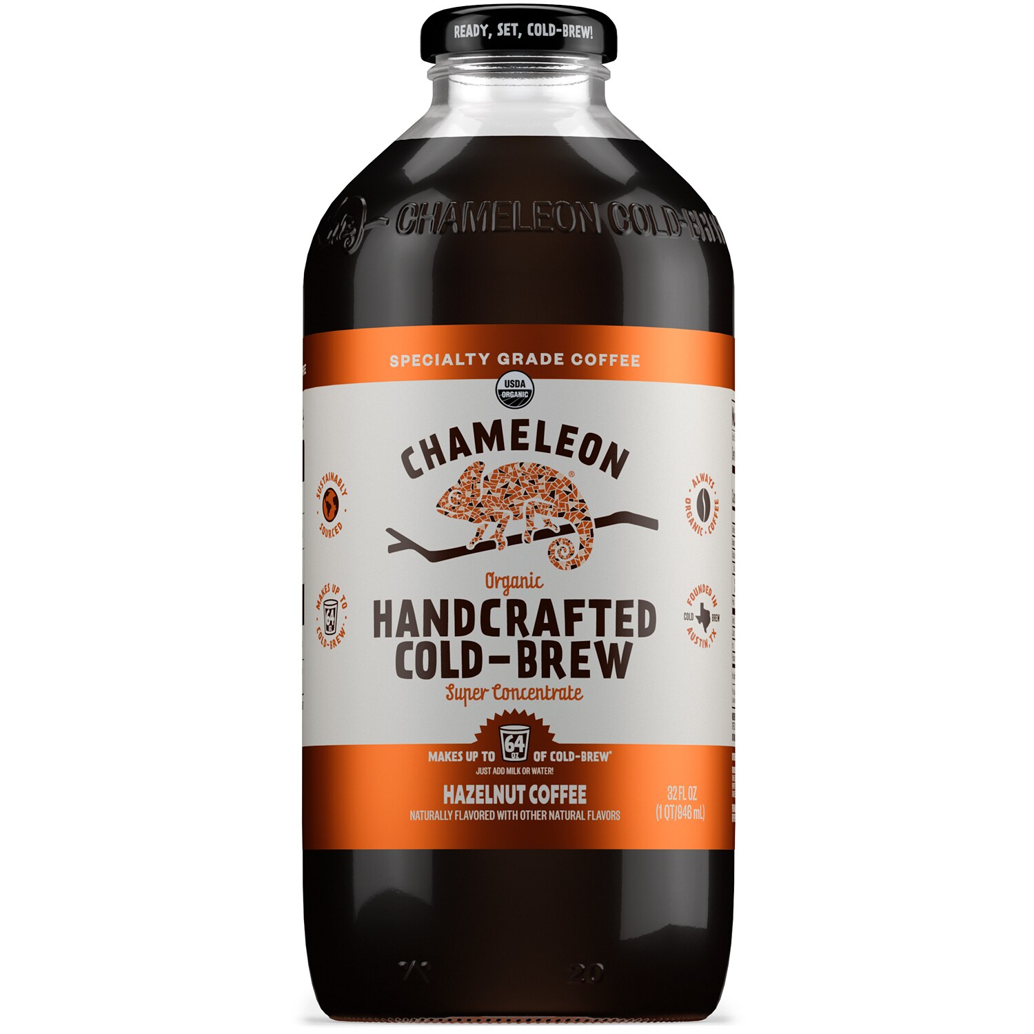 Chameleon Cold-Brew Organic Handcrafted Coffee Concentration, Hazelnut, Glass Bottle