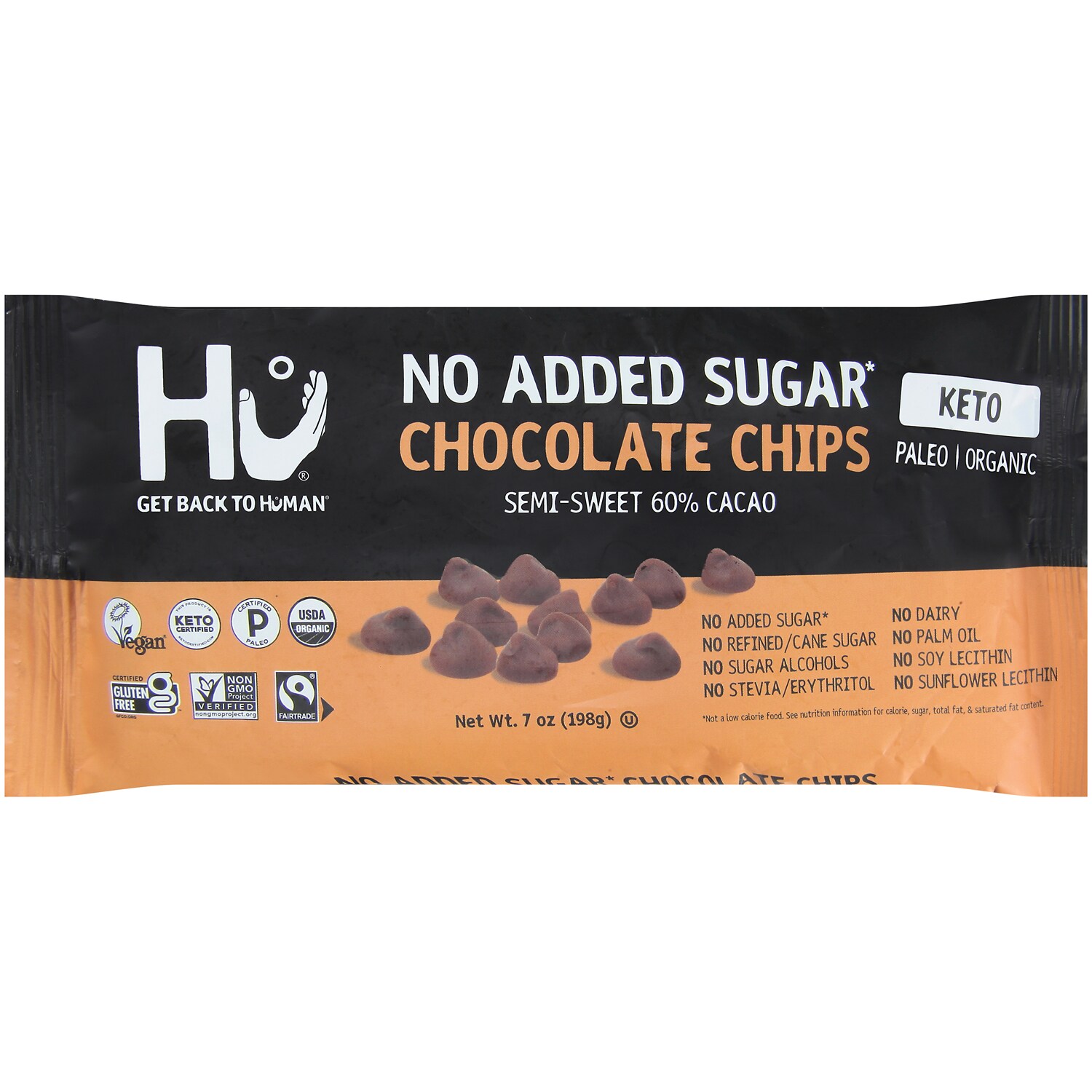 Hu Kitchen Organic Semi-Sweet 60% Cacao Chocolate Chips, No Added Sugar 