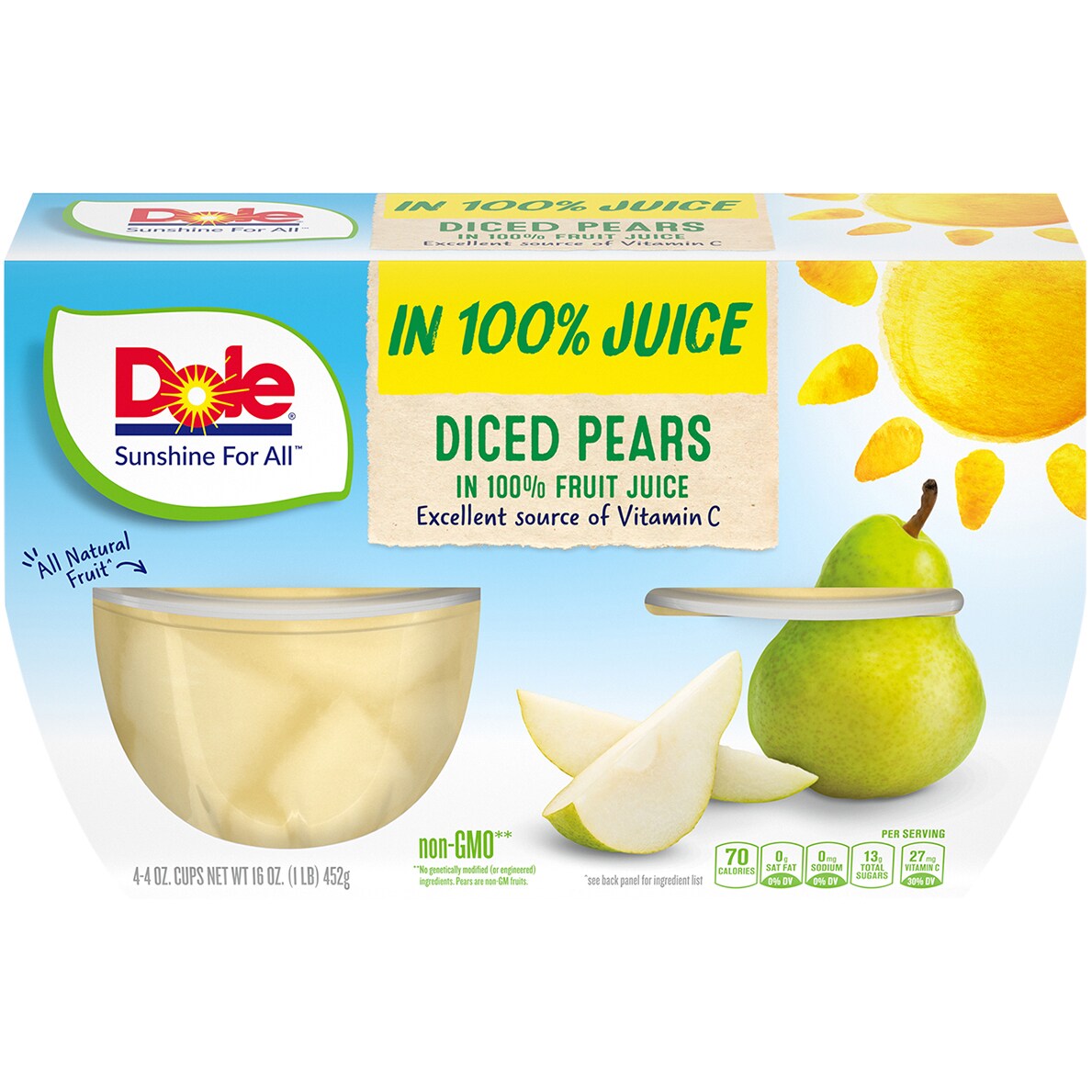 Dole Fruit Bowls, Diced Pears in 100% Fruit Juice