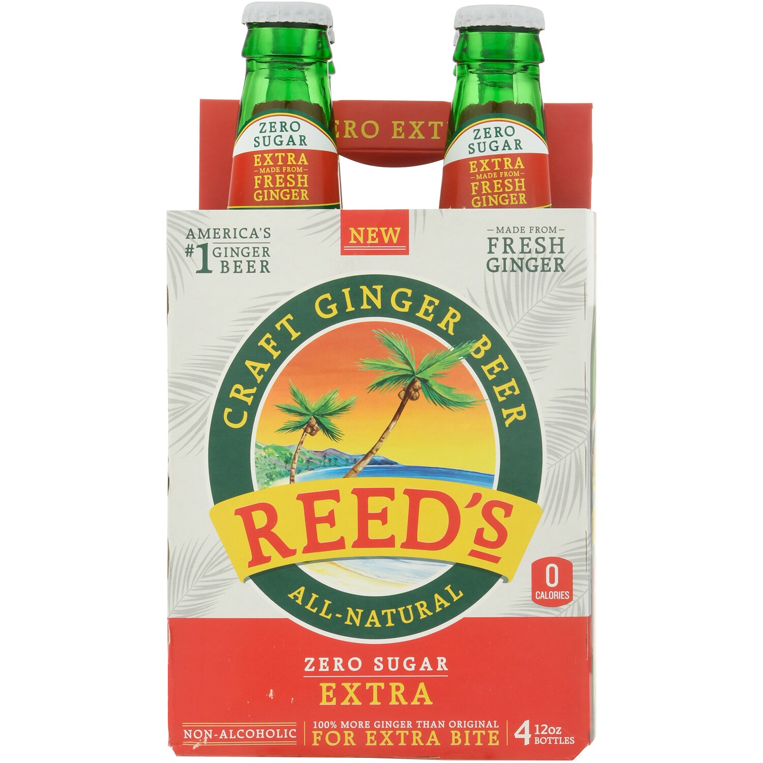 Reed's All-Natural Craft Ginger Beer, Extra Zero Sugar, Glass Bottles