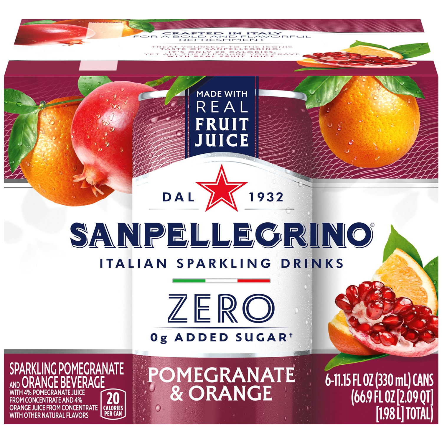 San Pellegrino Zero Sugar Italian Sparkling Drinks, Pomegranate & Orange, Cans