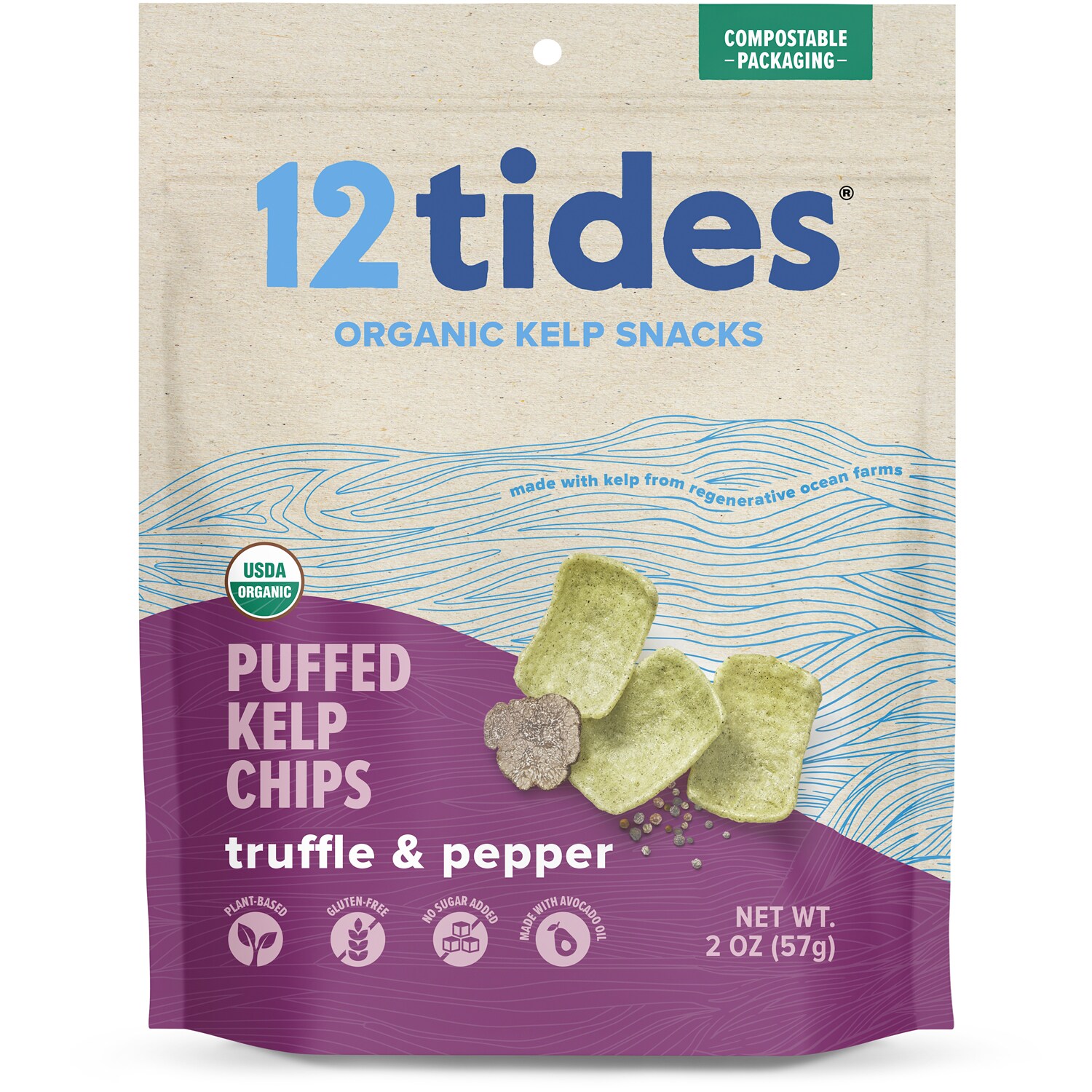 12tides Organic Puffed Kelp Chips, Truffle & Pepper