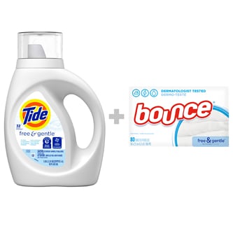 Save a Bundle with Tide Free & Gentle Liquid Laundry Detergent 42oz and Bounce Free & Gentle Fabric Softener Sheets 80ct
