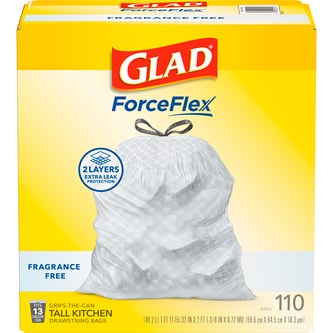 Glad ForceFlex Tall Kitchen Drawstring Trash Bags 13 Gallon, Fragrance Free