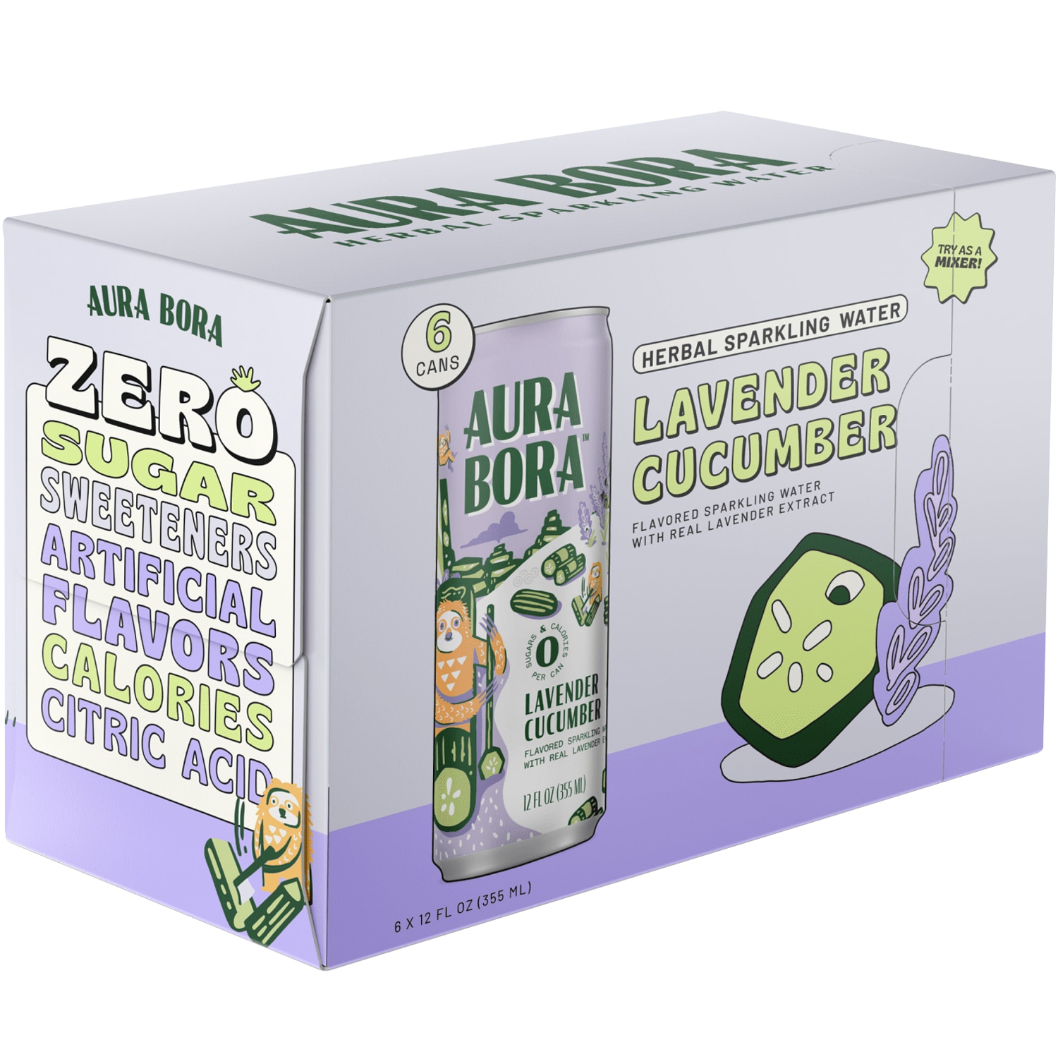 Aura Bora Herbal Sparkling Water, Lavender Cucumber, Cans