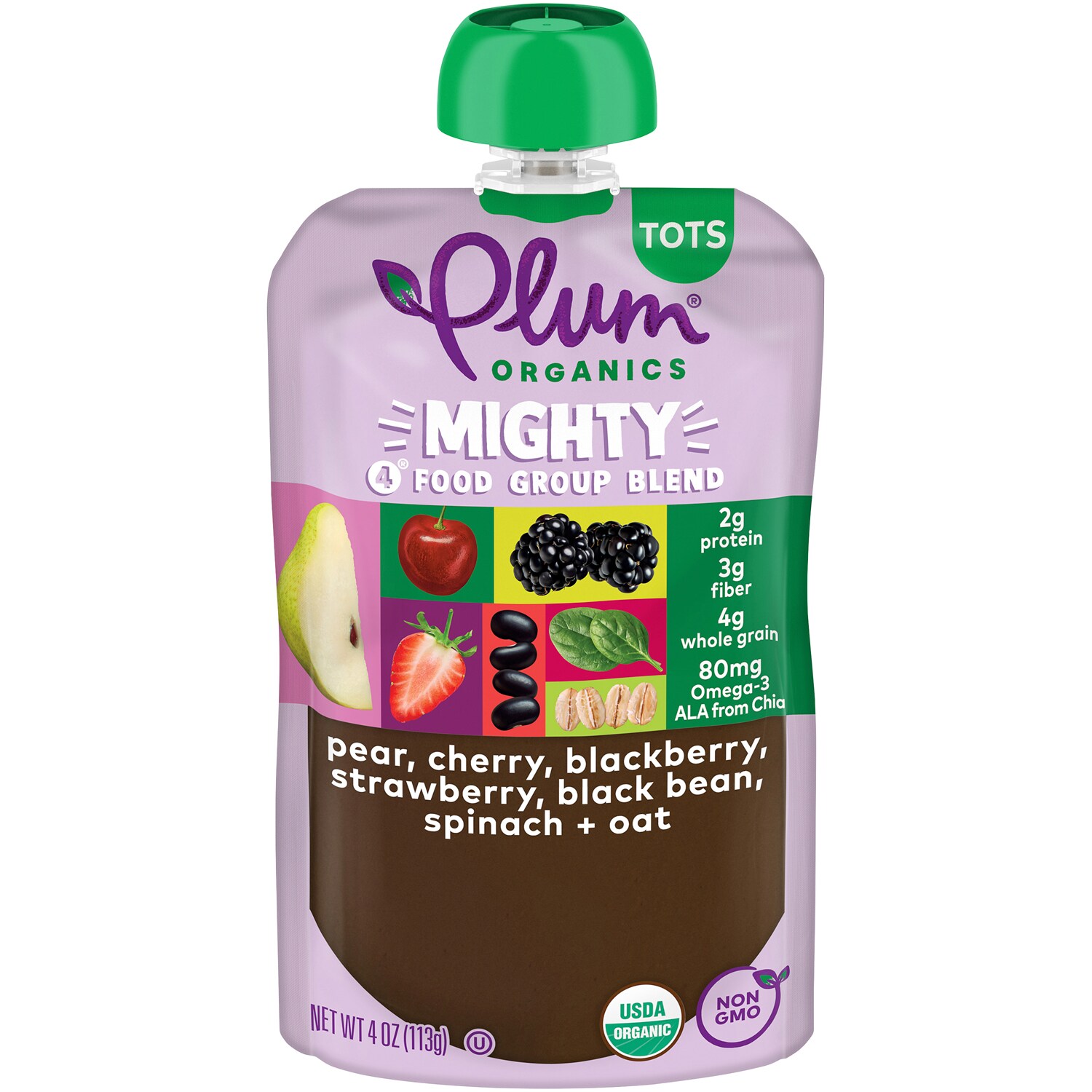 Plum Organics Mighty 4 Blend, Pear, Cherry, Blackberry, Strawberry, Black Bean, Spinach & Oat