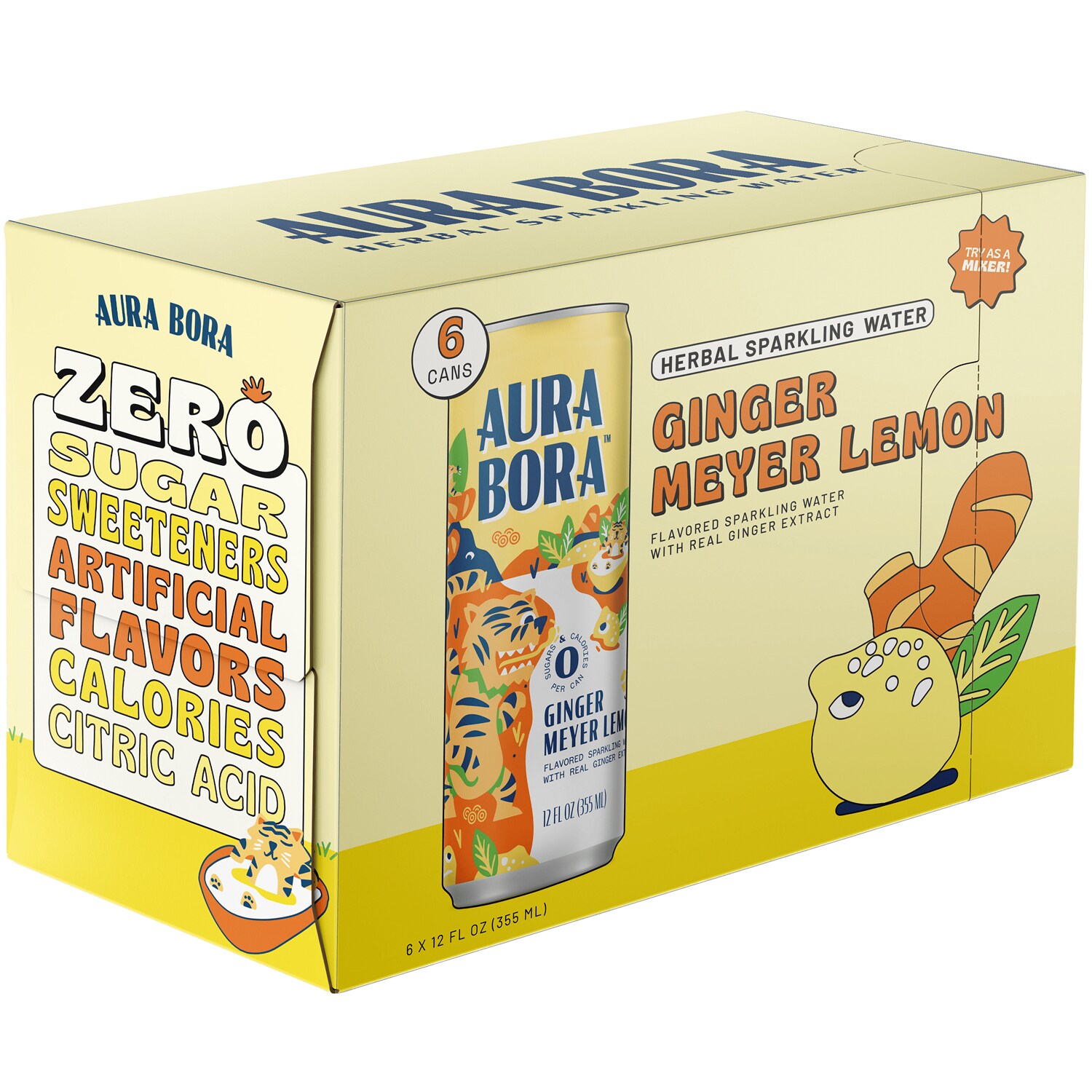 Aura Bora Herbal Sparkling Water, Ginger Meyer Lemon, Cans