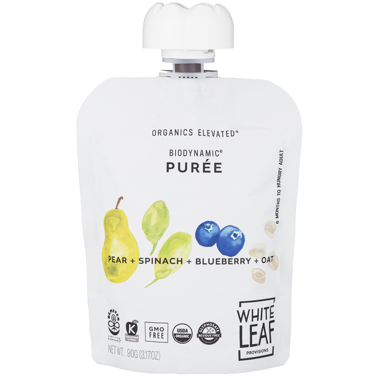 White Leaf Provisions Organic Regeneratively Farmed Puree, Pear + Spinach + Blueberry + Oat