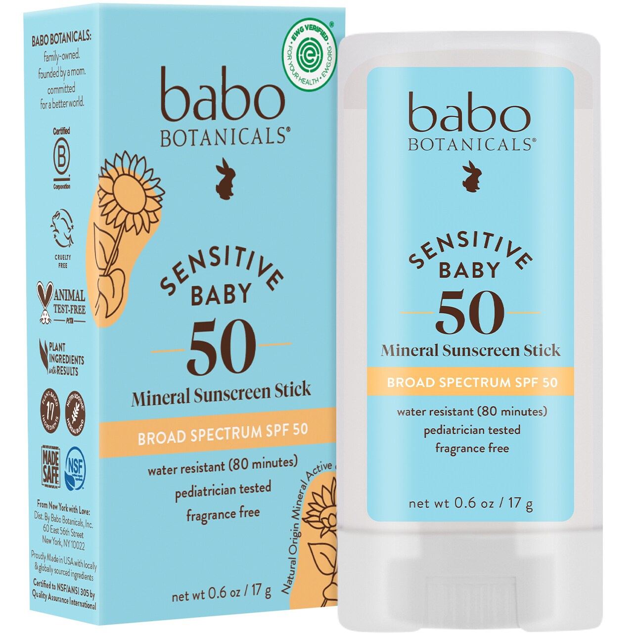 Babo Botanicals Sensitive Baby Mineral Sunscreen Stick, SPF50, Fragrance Free
